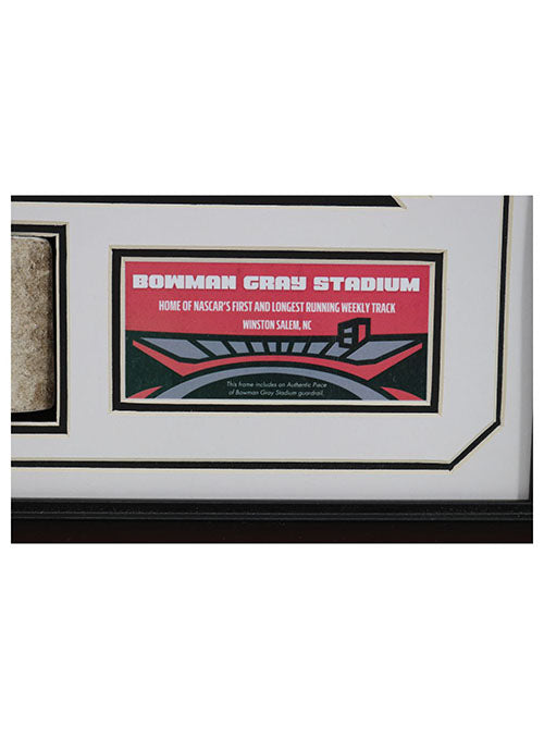 Bowman Gray Stadium Framed Collage with Authentic Guardrail - Zoomed in Informational Graphic View