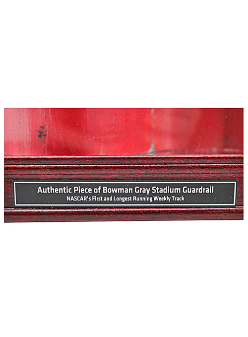 Bowman Gray Stadium Long Desktop Display Case with Authentic Piece of Actual Guardrail - Zoomed in Informational Plaque View