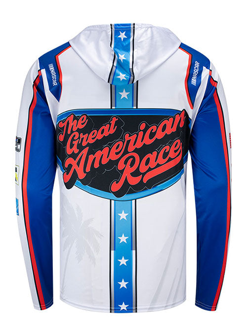 2024 Daytona 500 Long Sleeve Sumblimated Hoodie in White and Blue - Back View