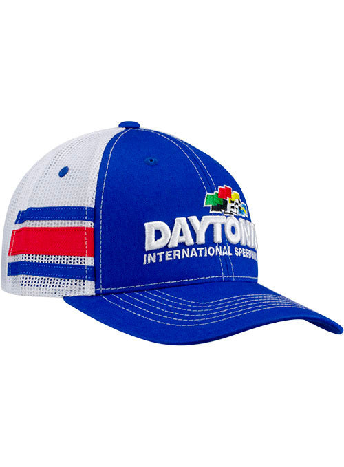 Daytona International Speedway Striped Trucker Meshback Hat in Blue - front Right view