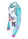 Homestead-Miami Speedway Retro Jersey Sublimated Hoodie in Teal, White, and Pink - Angled Left Side View