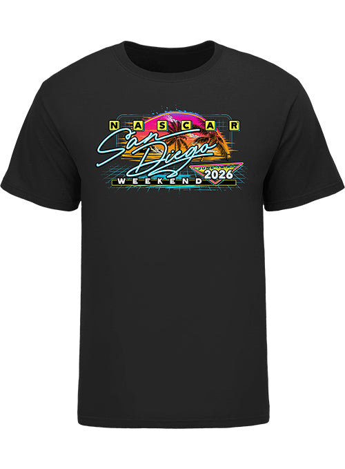 2026 San Diego Weekend Neon Racing T-Shirt in Black - Front View