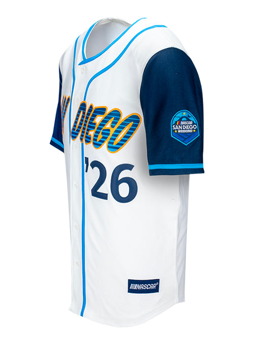 2026 San Diego Weekend Baseball Jersey In White & Blue - Front Left Sleeve View