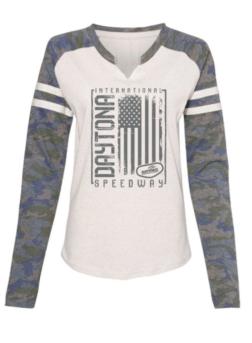 Ladies Daytona Camo Americana T-Shirt in Natural Heather with Vintage Camo Sleeves - Front View