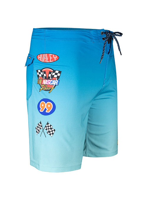 NASCAR Hurley Board Shorts in Blue with Pink Flames - Right Side View