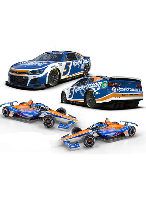 Kyle Larson 2024 H1100 HendrickCars.com INDY 500 No. 17 1:24 Scale & Coke 600 No. 5 1:24 Scale Liquid Color Two-Pack Diecast Set - Full Set Front and Back View