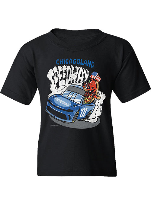 Youth Chicagoland Speedway Burnout Chicago Dog Tee in Black - Front View