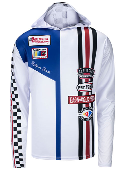 Darlington Throwback Firesuit Hooded Long Sleeve T-Shirt in White - Front View