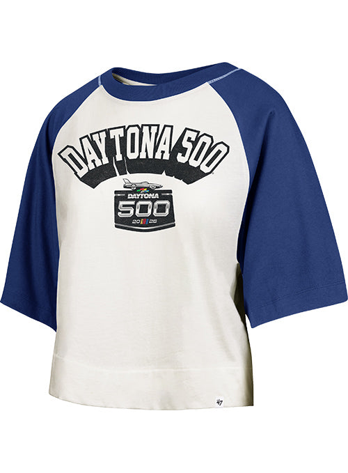 Ladies 2026 Daytona 500 Raglan Crop T-Shirt in White - Front View