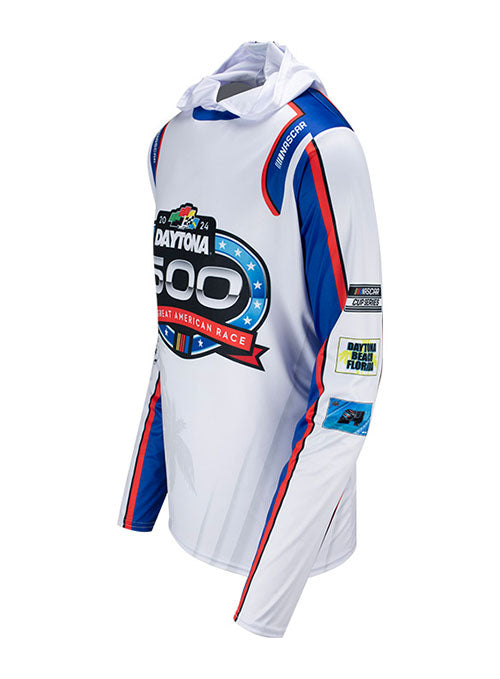 2024 Daytona 500 Long Sleeve Sumblimated Hoodie in White and Blue - Angled Left Side View