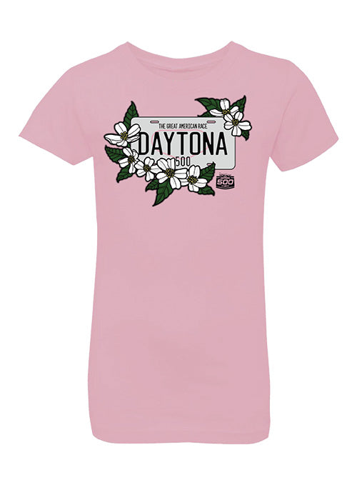 2026 Youth Daytona 500 Girls License Plate T-Shirt In Pink - Front View
