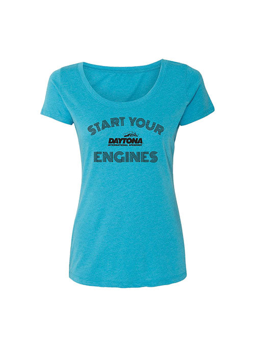 Ladies Daytona 'Start Your Engines' T-Shirt in Blue - Front View