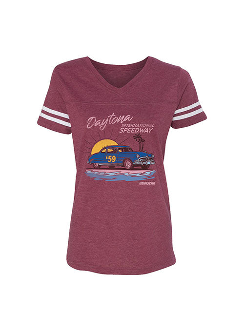 Ladies Daytona Retro Car Jersey T-Shirt in Red - Front View