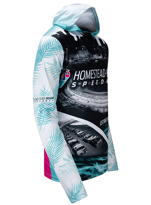 Homestead-Miami Sublimated Hooded Long Sleeve T-Shirt - Angled Right Side View