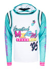 Homestead-Miami Speedway Retro Jersey Sublimated Hoodie in Teal, White, and Pink - Front View