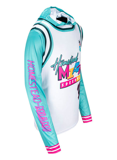 Homestead-Miami Speedway Retro Jersey Sublimated Hoodie in Teal, White, and Pink - Angled Right Side View