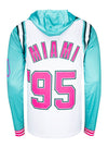 Homestead-Miami Speedway Retro Jersey Sublimated Hoodie in Teal, White, and Pink - Back View