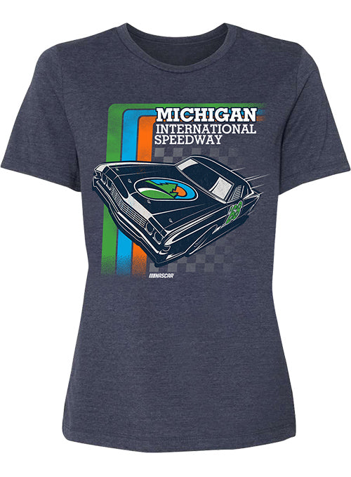 2026 Ladies Michigan International Speedway Retro Car Tee in Blue - Front view