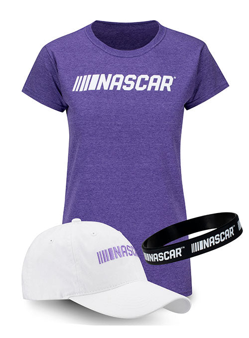 Ladies NASCAR Hat/Tee Combo - Ladies NASCAR Tee in Purple - Front View, Ladies NASCAR Hat in Purple - Right Side View, Ladies NASCAR Rubber Arm Band in Black