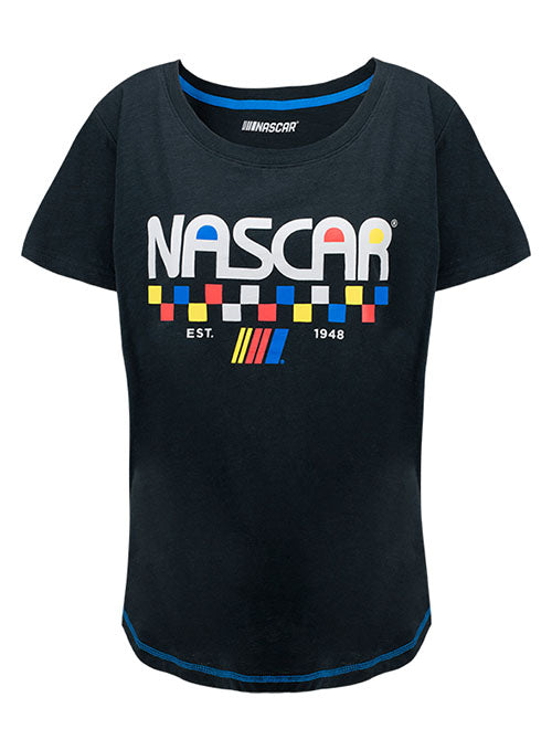 Ladies NASCAR Checkered Scoopneck T-Shirt in Black - Front View