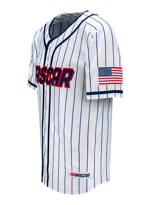 2026 NASCAR Baseball Jersey In White, Blue & Red - Left Side View