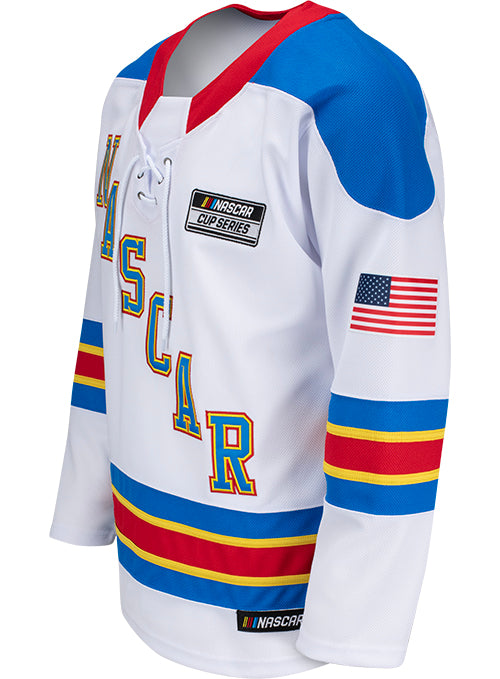 2026 NASCAR Hockey Jersey in White - Front Left View