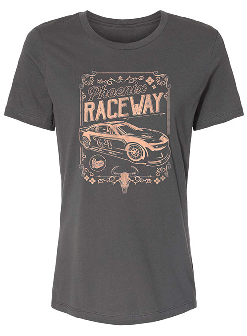 Ladies Phoenix Raceway Western Car Tee In Grey - Front View