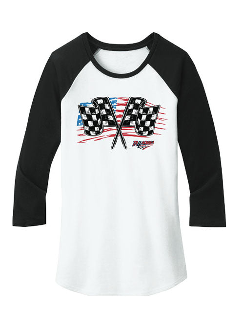 Ladies Talladega Flags T-Shirt in Black and White - Front View