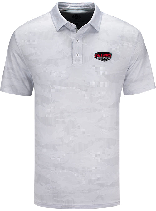 Talladega Flag & Anthem Destin Camo Polo In White - Front View