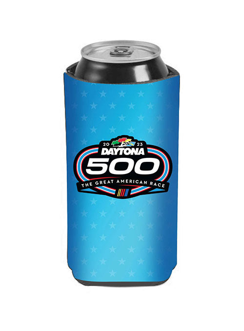 65th Anniversary Daytona 500 16 oz Can Cooler in Blue - Front Side View