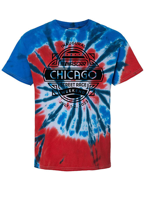 2023 Chicago Street Race Tie Dye T-Shirt in Red, White and Blue - Front View