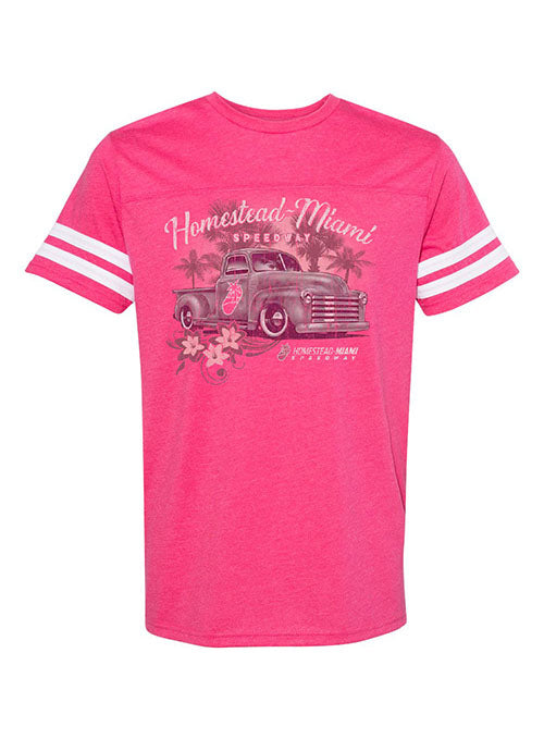 Ladies Homestead Retro Truck T-Shirt in Vintage Hot Pink - Front View