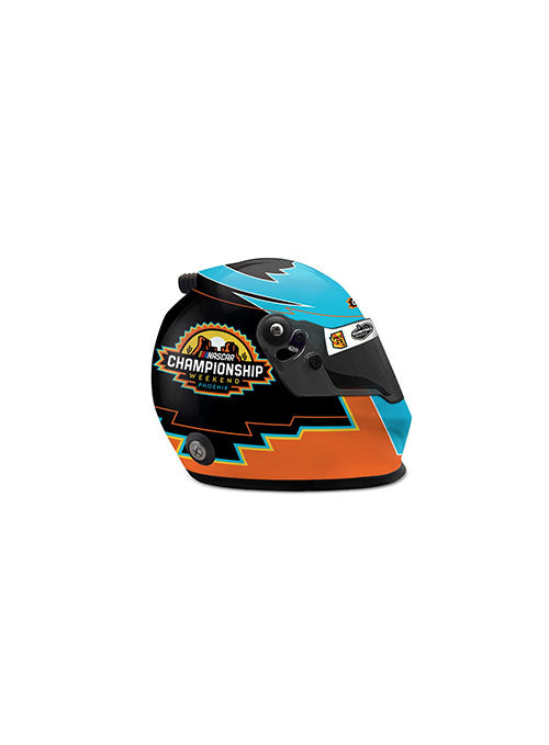 Mini Phoenix Championship Helmet in Black, Blue, and Orange - Side View