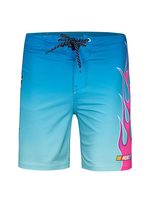 NASCAR Hurley Board Shorts in Blue with Pink Flames - Front View