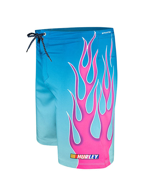 NASCAR Hurley Board Shorts in Blue with Pink Flames - Left Side View