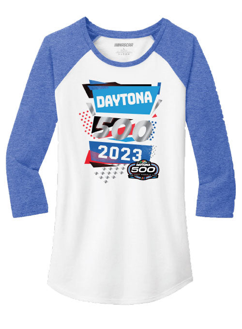 2023 Ladies Daytona 500 3/4 Sleeve in White and Royal Blue Frost - Front View