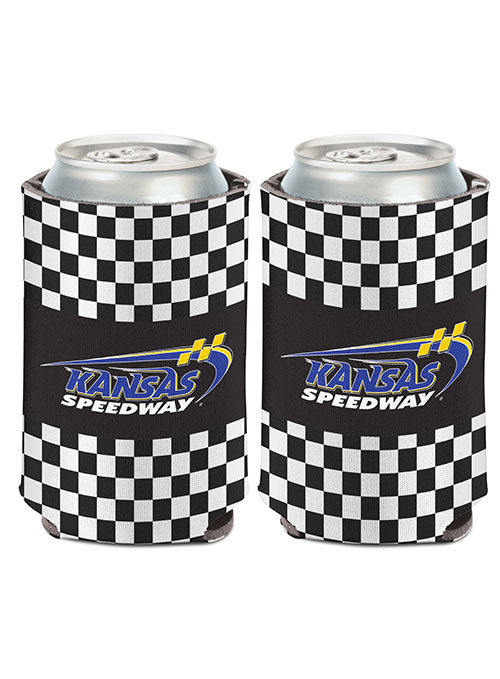 Kansas Speedway Checkered Can Cooler in Black- Front and Back View