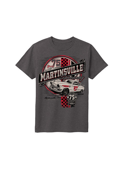 2022 Youth Martinsville 75th Anniversary Retro Car T-Shirt in Grey- Front View